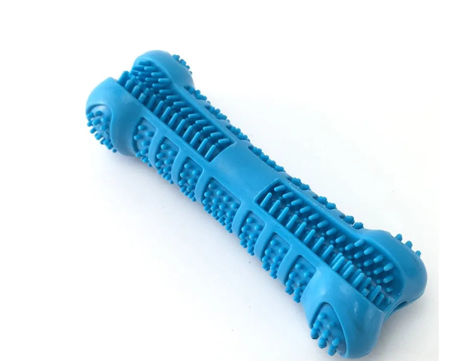 Blue silicone bone-shaped dog toothbrush with 360-degree bristles on white background
