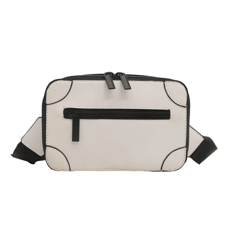 Women's small square PU crossbody bag in black with sewing line detail, single shoulder strap, and external pocket