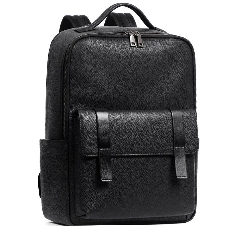 Men's black genuine leather laptop backpack with woven detail and large 36-55L capacity.
