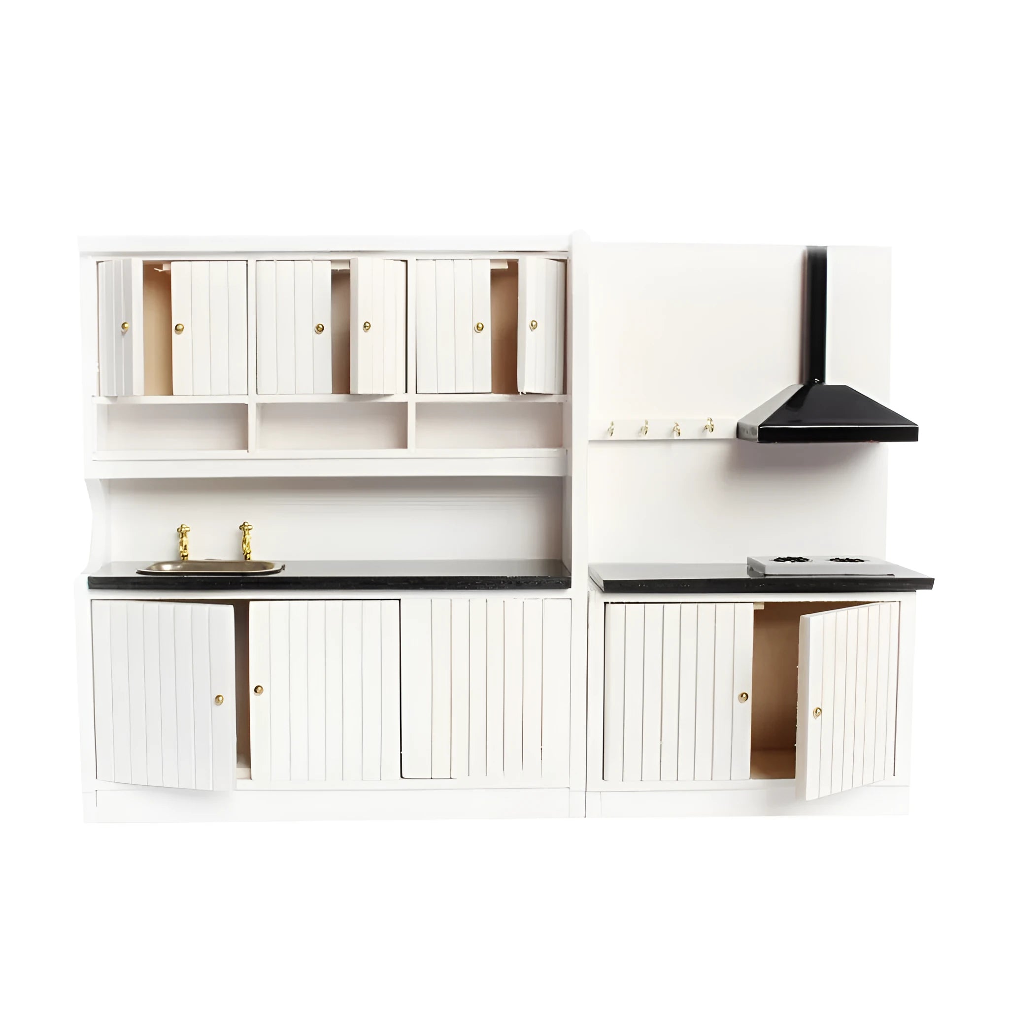 Two-piece white birch wood dollhouse kitchen cabinet set with sink and stove units with doors open showing interior