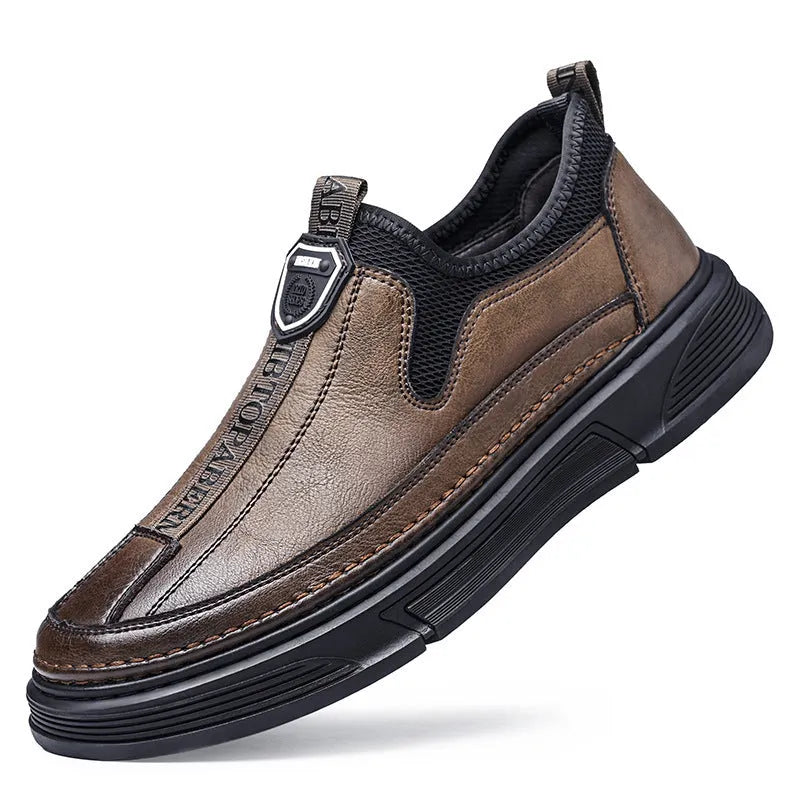 A pair of men's solid colour casual leather shoes with a round toe, shown in black and brown colour options.