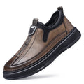 A pair of men's solid colour casual leather shoes with a round toe, shown in black and brown colour options.