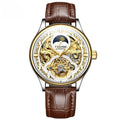 Automatic mechanical men's watch with skeleton movement and leather strap