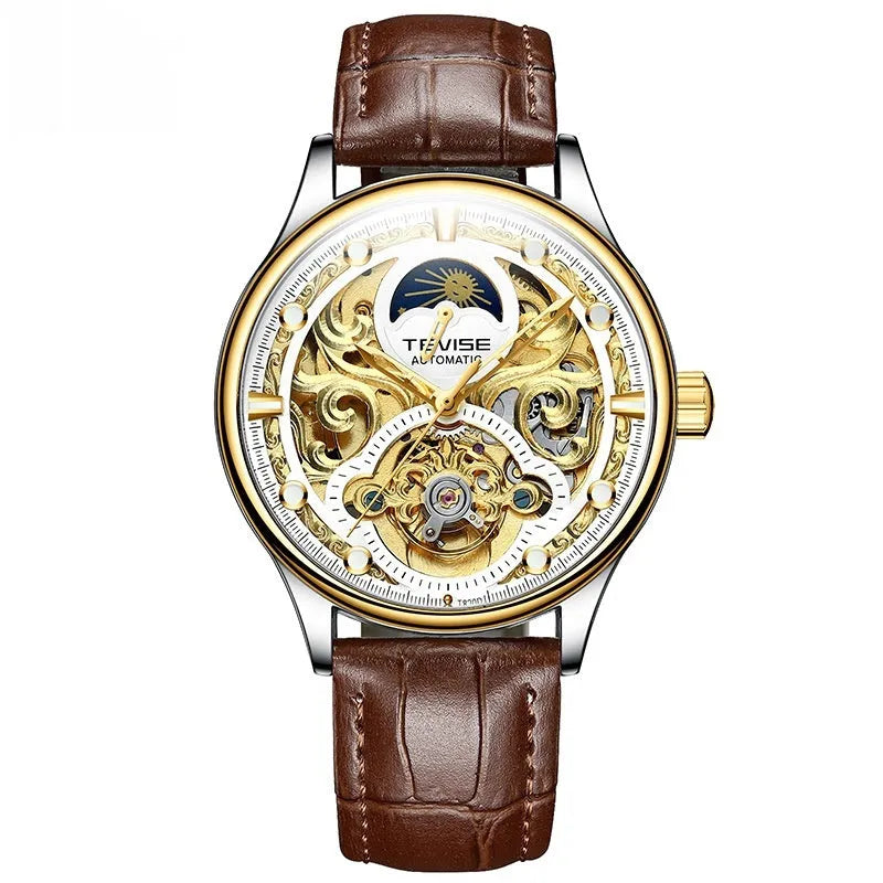 Automatic mechanical men's watch with skeleton movement and leather strap