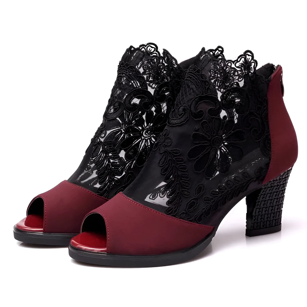 Lucyever women's black lace gladiator sandals with a zip closure and square high heel on a white background.