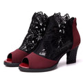 Lucyever women's black lace gladiator sandals with a zip closure and square high heel on a white background.