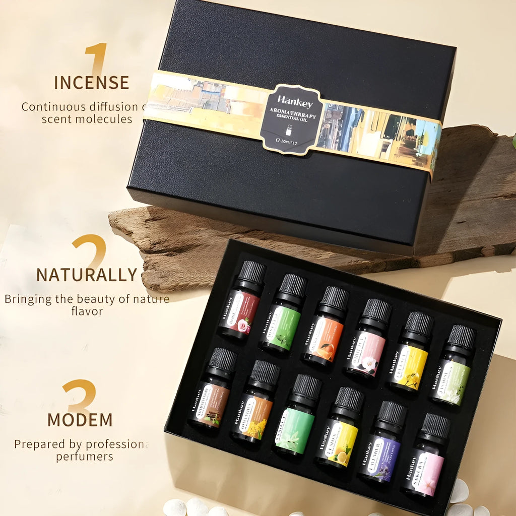 Boxed water-soluble aromatherapy essential oil sets for air freshening in multiple piece combinations