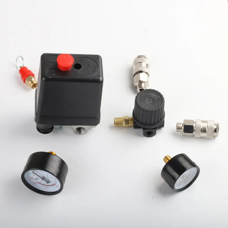 Air compressor pressure switch with European style assembly showing 12mm connector and pressure gauge