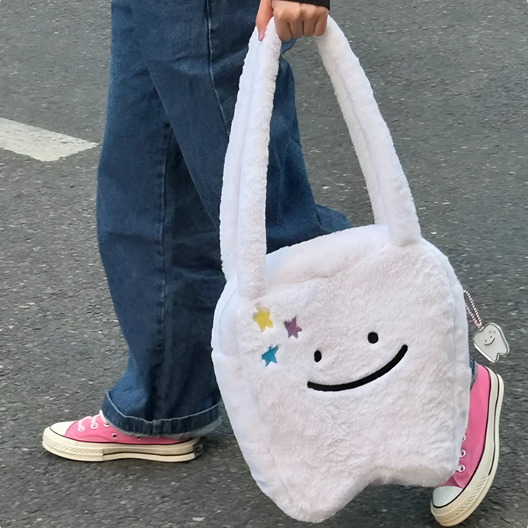White plush shoulder tote bag with cute tooth pattern design and front zipper opening