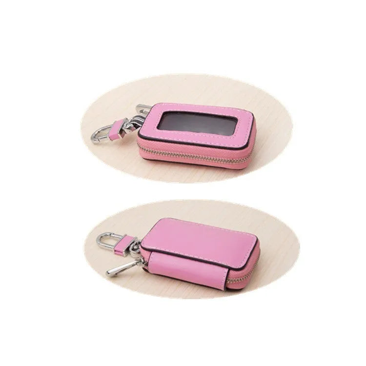 Genuine leather car key case in white, square vertical design, 8.3x5x2cm, plain weave texture
