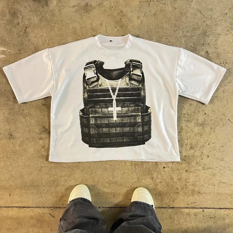 Printed retro style cotton short sleeve t-shirt with drop-shoulder sleeves on a solid background.