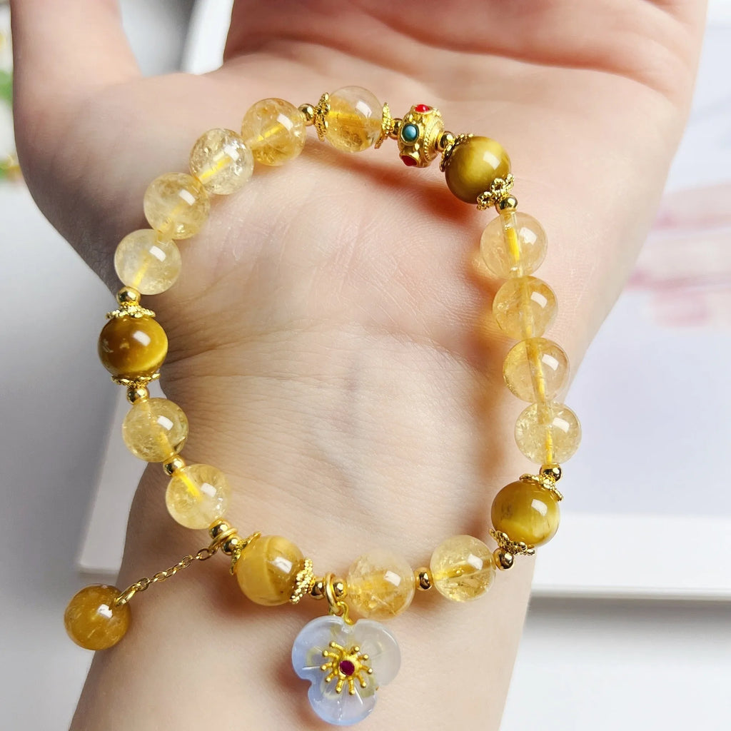 Citrine crystal flower tassel bracelet for women, handmade original design