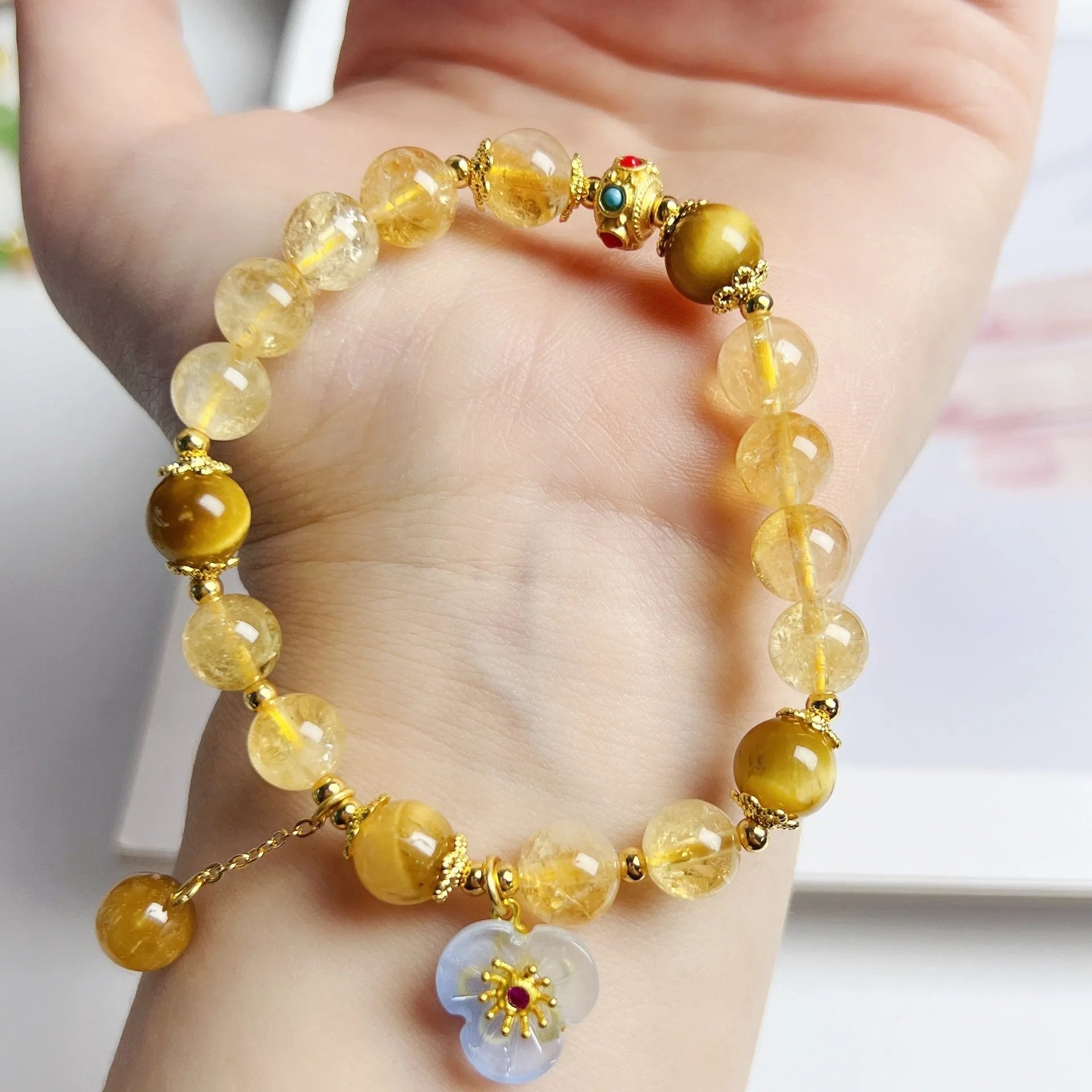 Citrine crystal flower tassel bracelet for women, handmade original design