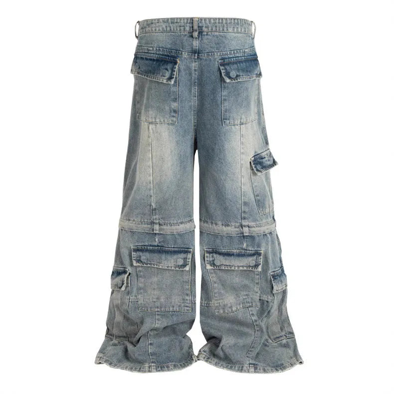 Cotton detachable multi-pocket overalls for teenagers, worn looking washed-out finish, black blue, mid waist zip placket