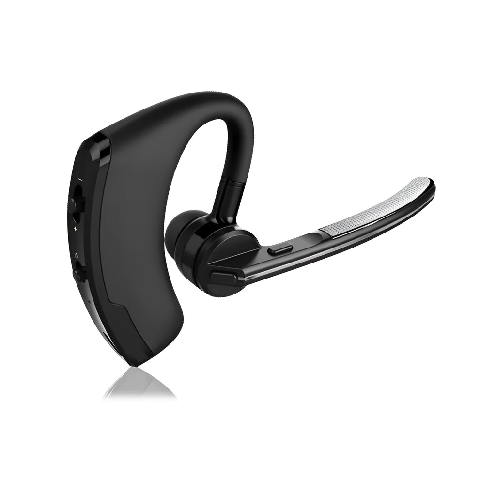 V9 Business Bluetooth headset with ear-bud showing dual phone connectivity and noise cancellation features