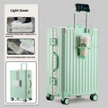 Large capacity travel luggage with aluminium frame, cup holder, and lock in solid colour