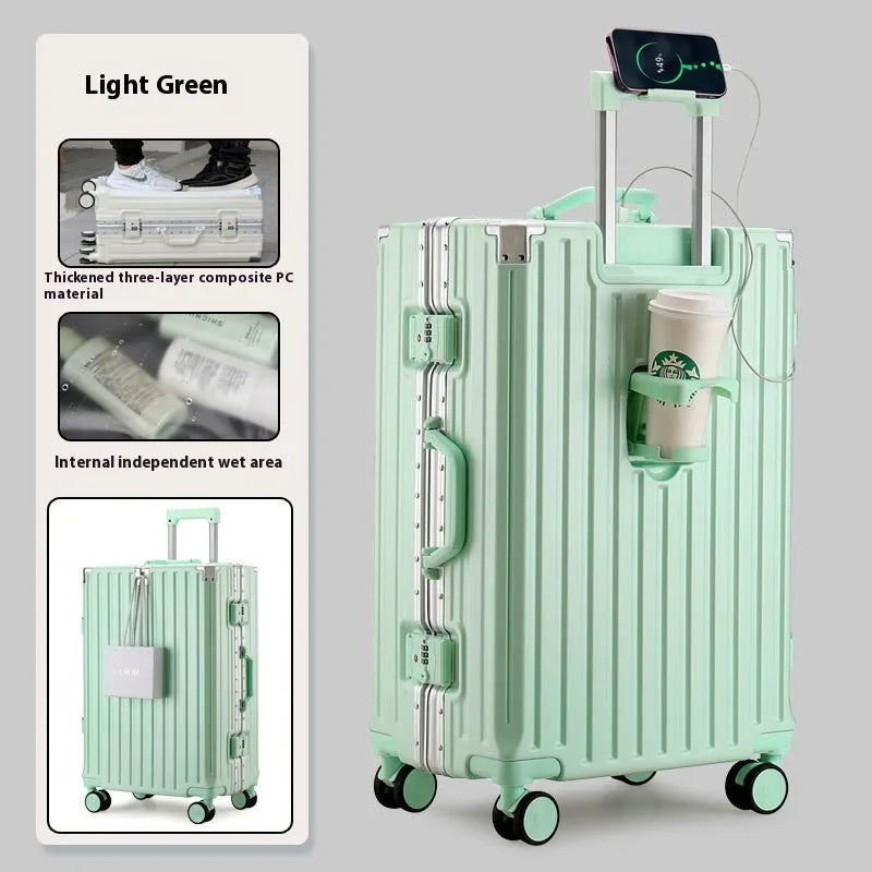 Large capacity travel luggage with aluminium frame, cup holder, and lock in solid colour
