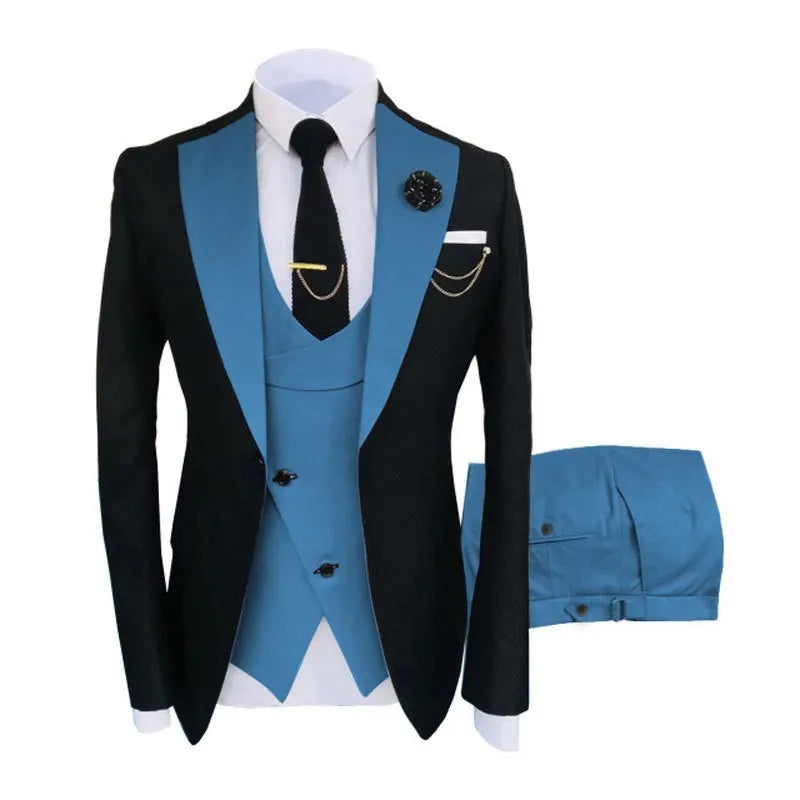 Men's slim fit three-piece cotton business suit with vest, coat and trousers