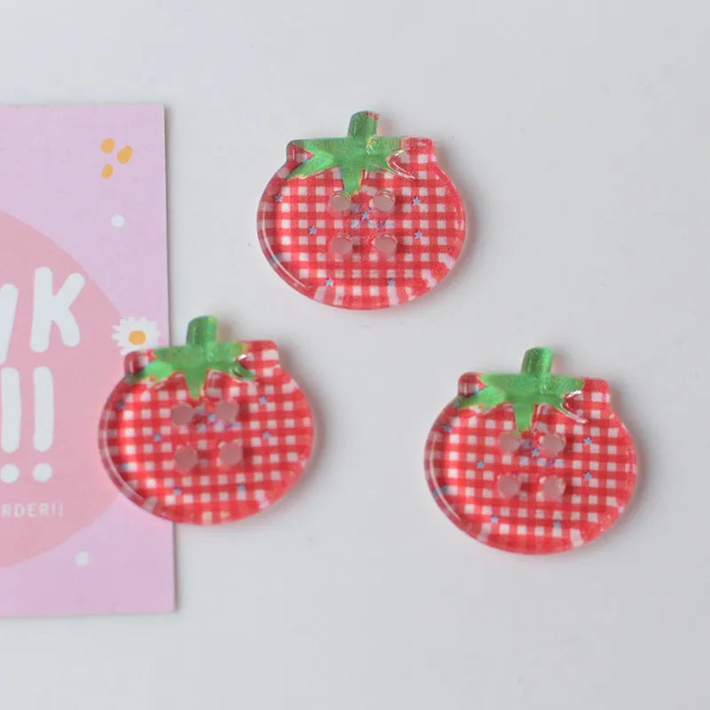 Tomato button ornament made of plastic or resin with printed pattern in medium size mixed colours
