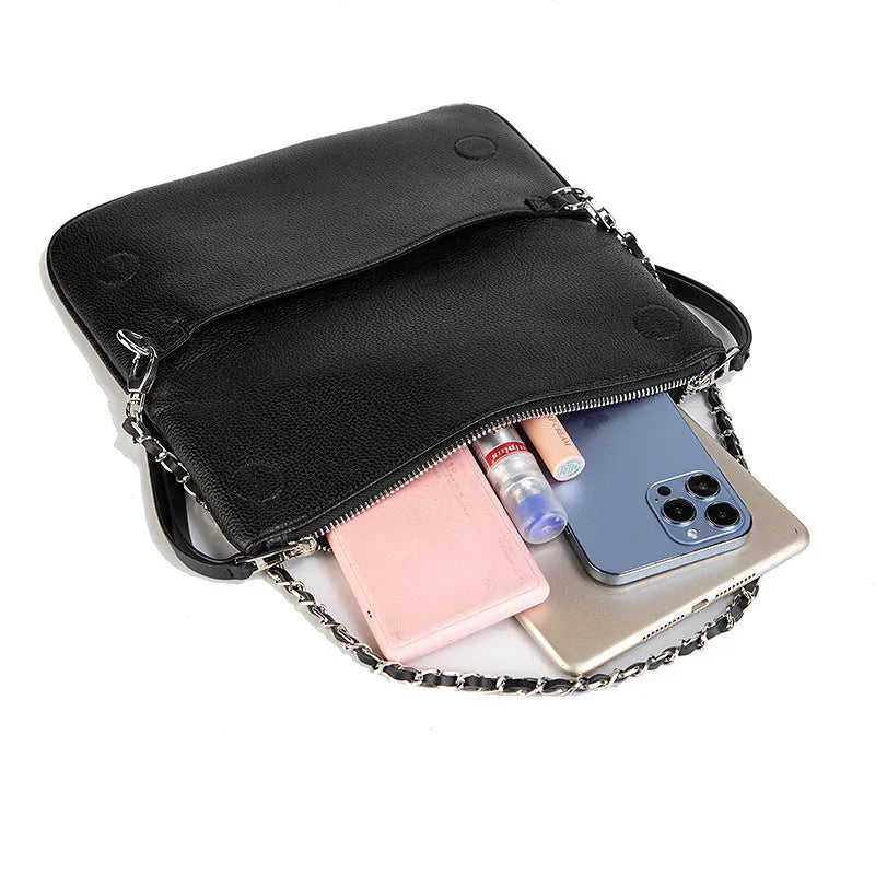 Fashion chain folding clutch women's shoulder messenger bag in black classic colour, PU material shell shape with chain strap