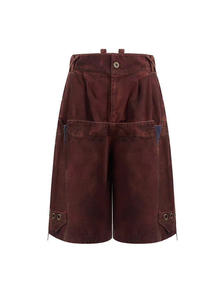 Men's double waist loose cropped black pants with washed stitching, front view showing mid-high waist and cropped length