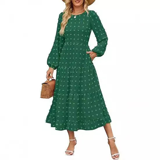 Women's long sleeve high waist dress in beige with ruffled sleeves