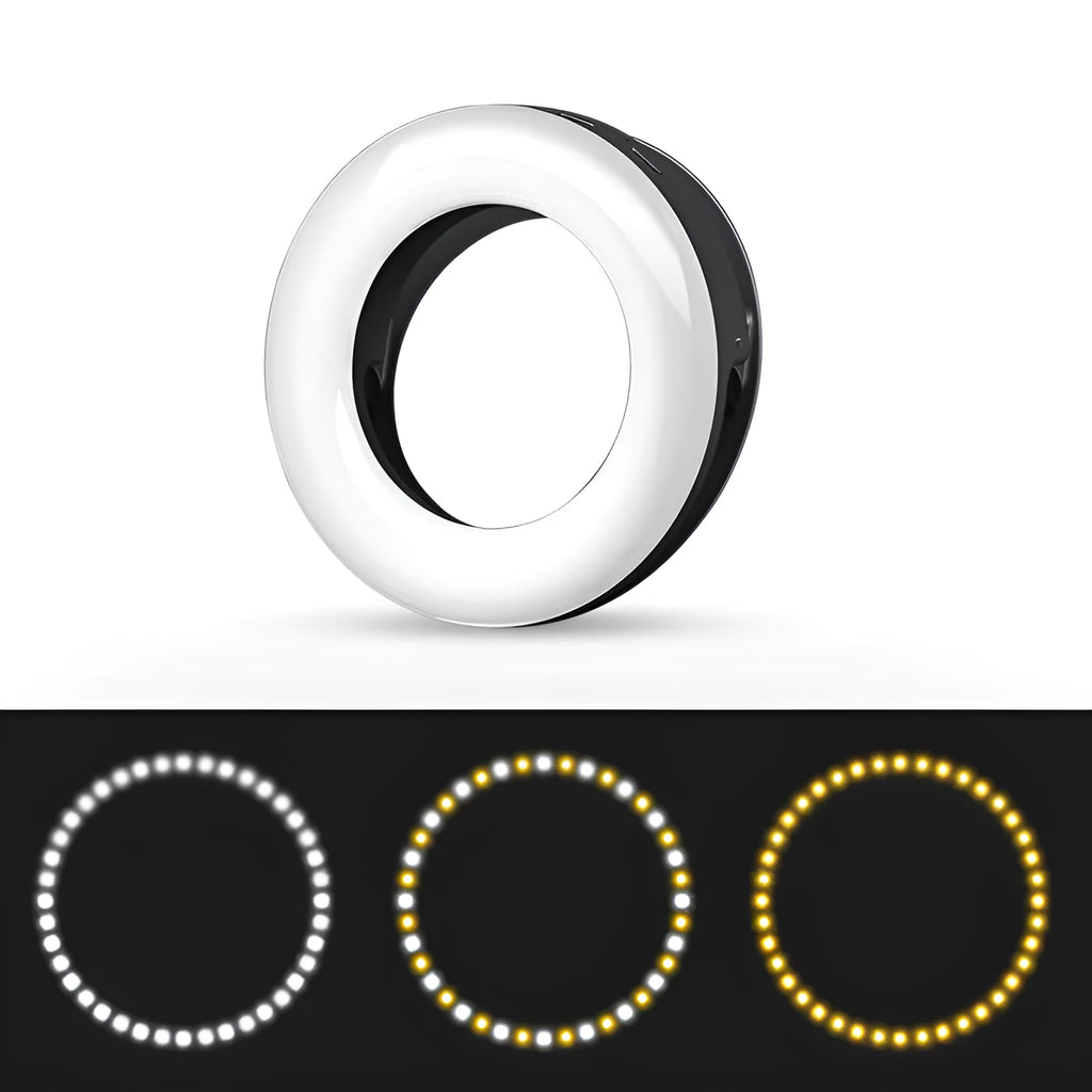 Compact black ring light for smartphones with USB charging port and adjustable settings.
