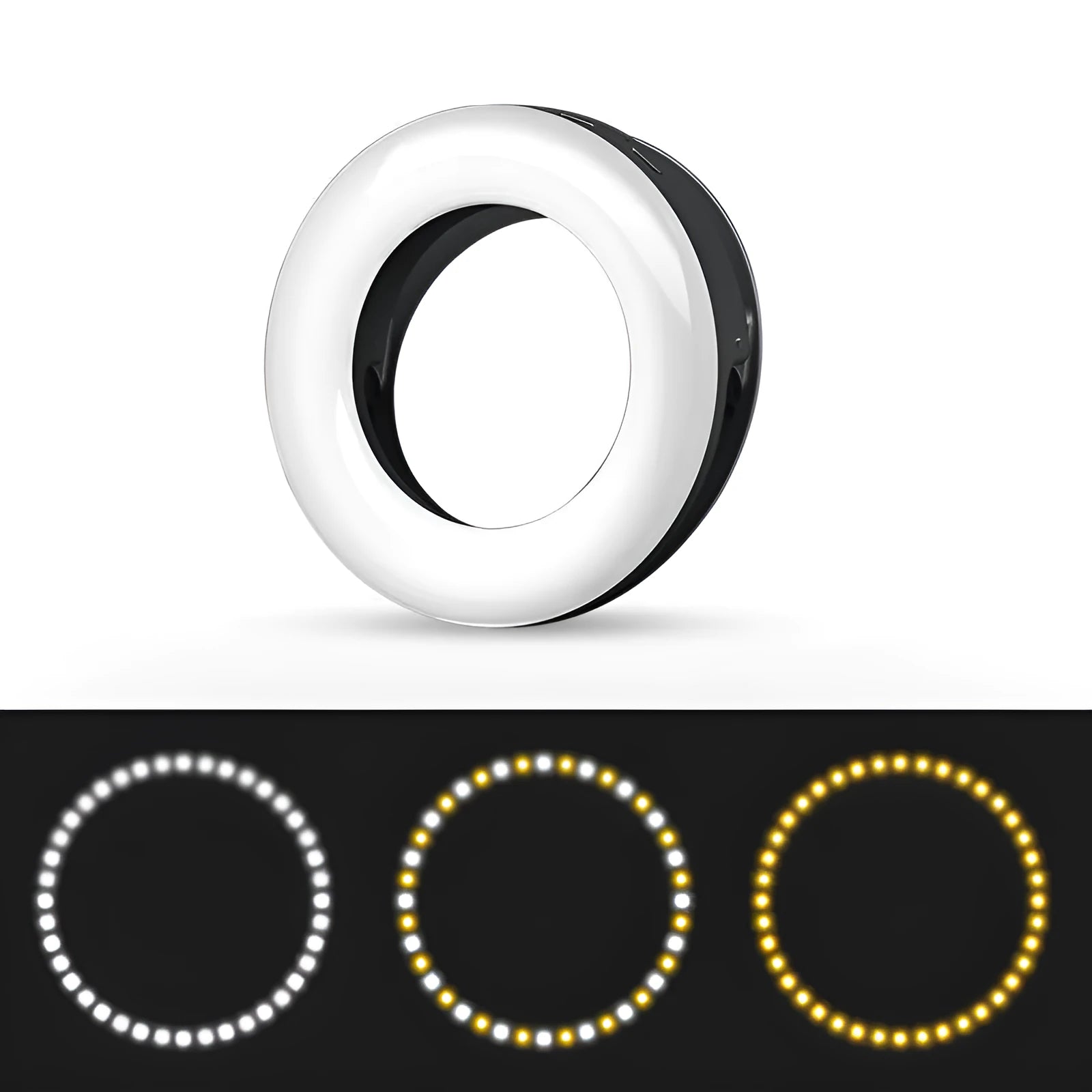 Compact black ring light for smartphones with USB charging port and adjustable settings.