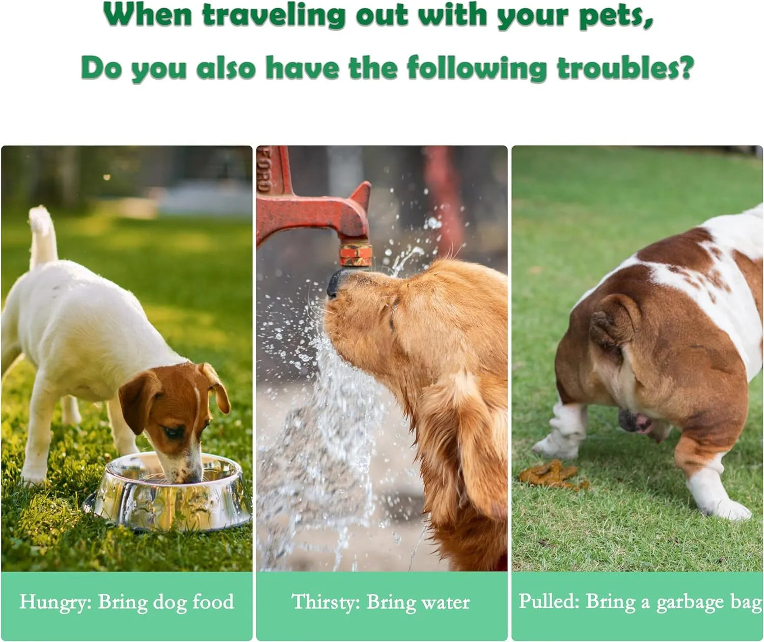 Green 3-in-1 portable pet water bottle with strap, showing water bowl, food container, and bag dispenser.
