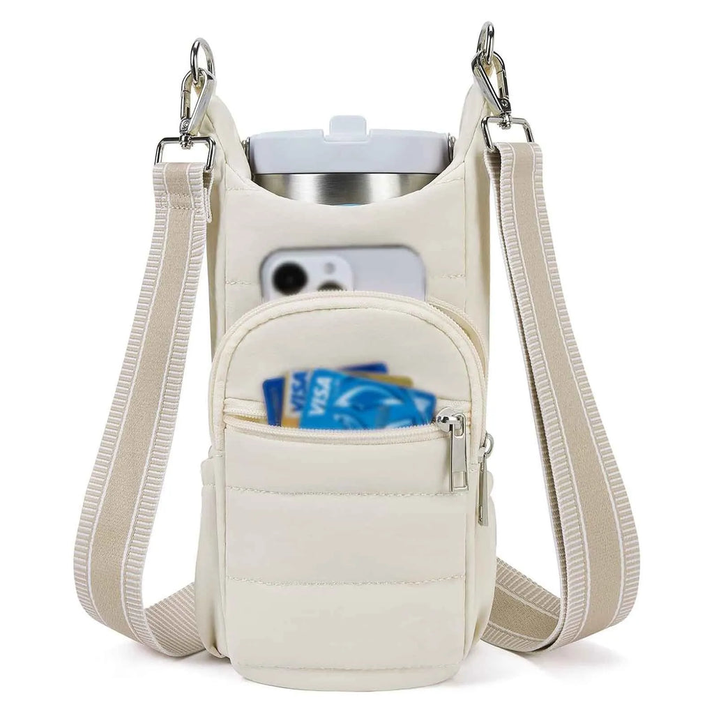 Bicycle water bottle bag in black, pink or beige colours with cloth construction and handlebar mount