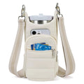 Bicycle water bottle bag in black, pink or beige colours with cloth construction and handlebar mount