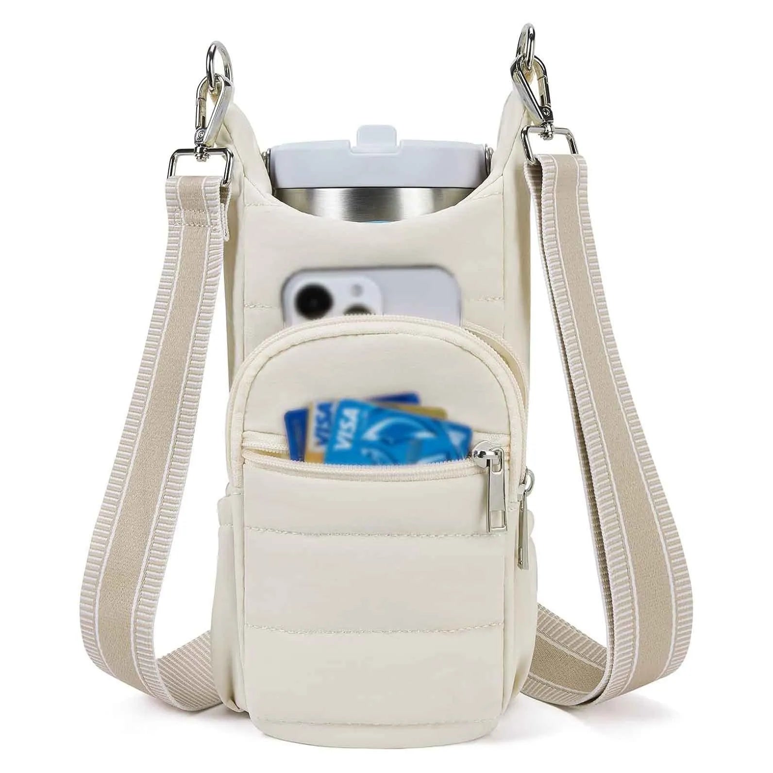 Bicycle water bottle bag in black, pink or beige colours with cloth construction and handlebar mount