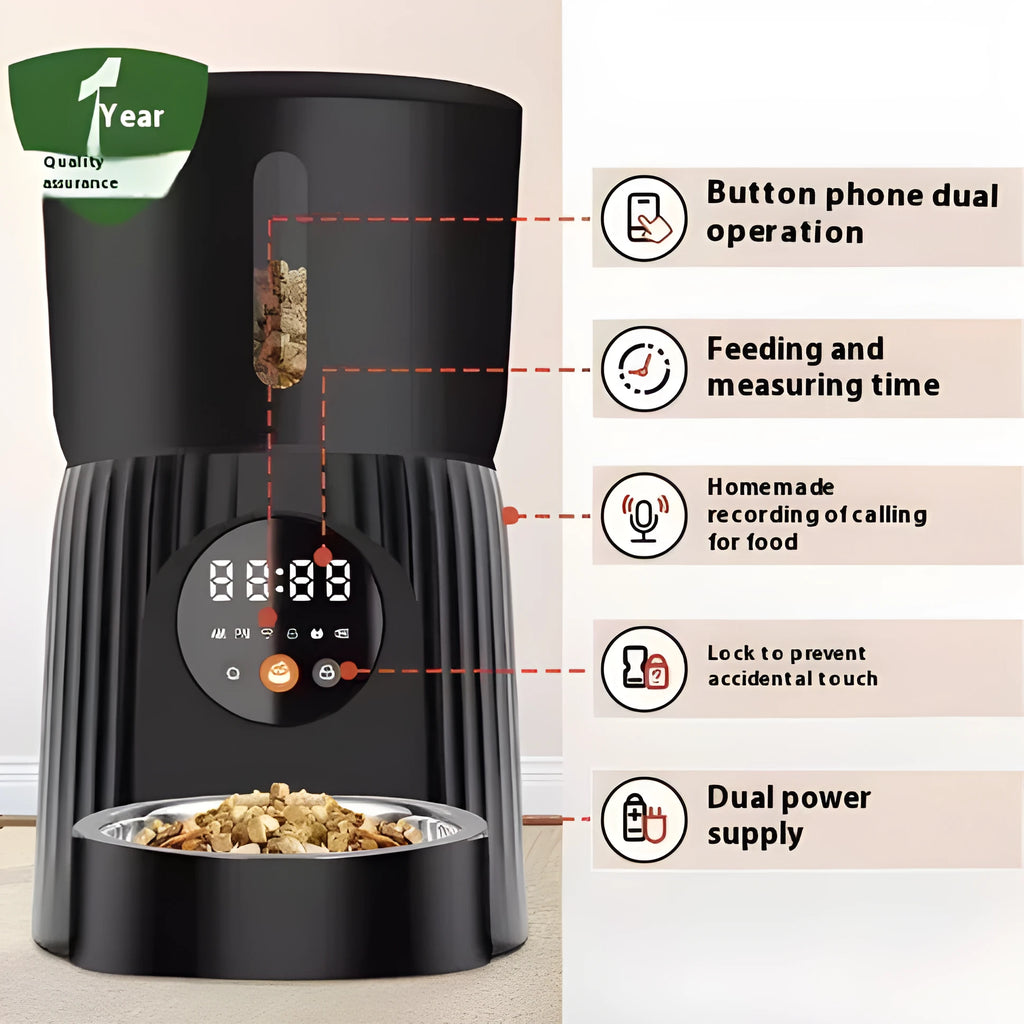 Black and white intelligent pet feeder with USB connection for automatic timed feeding