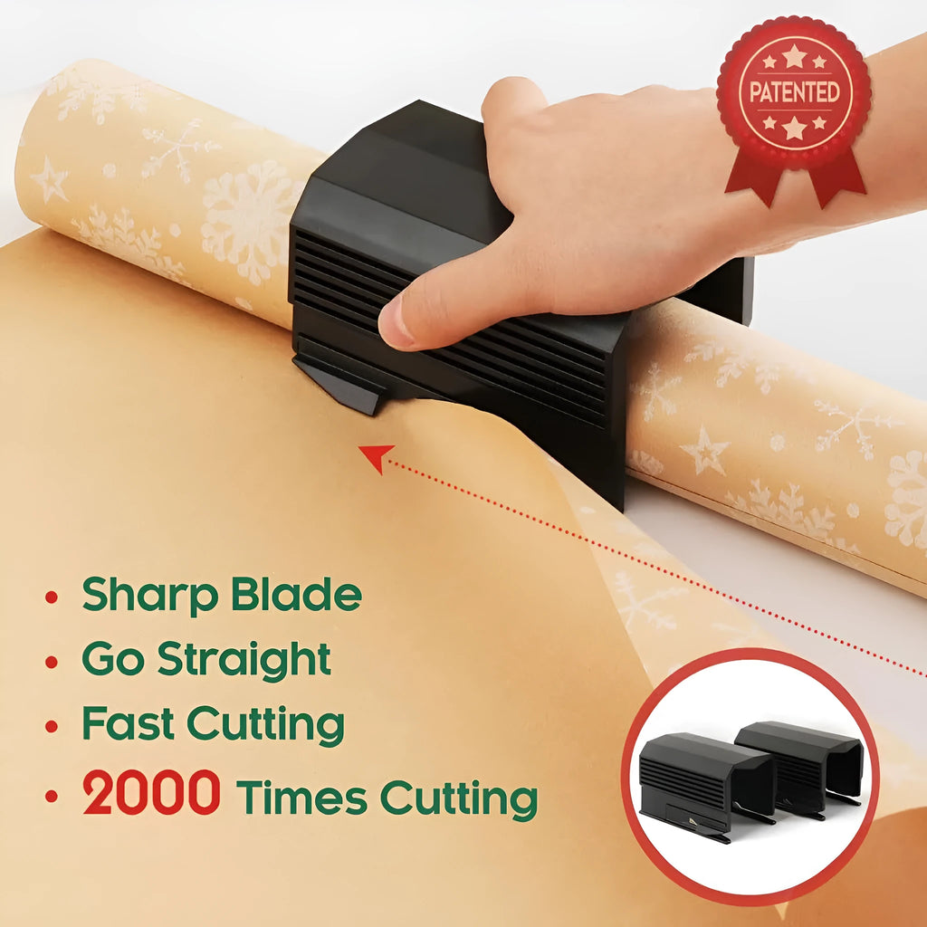Plastic injection-moulded roll paper cutter in black, red, and green, with a single pack and 2-pack option