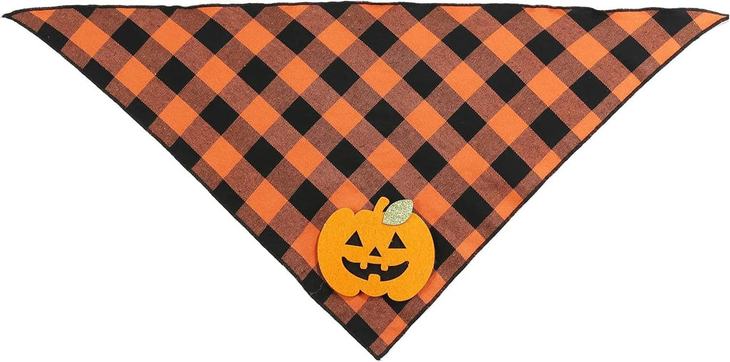 Orange plaid Halloween dog bandana with pumpkin and skeleton felt appliques