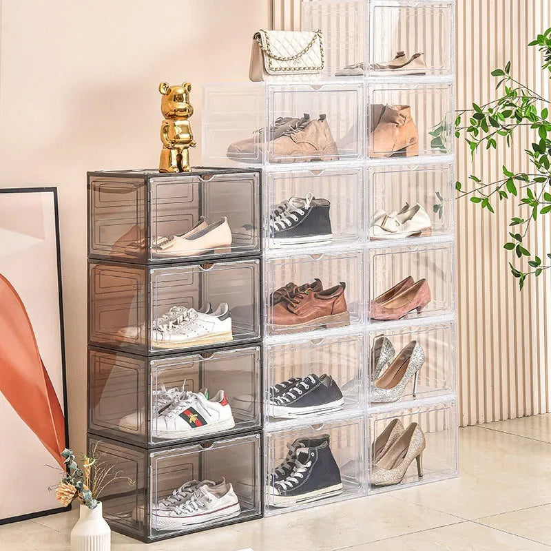 Large transparent acrylic shoe box with magnetic side door and lid, showing shoes inside