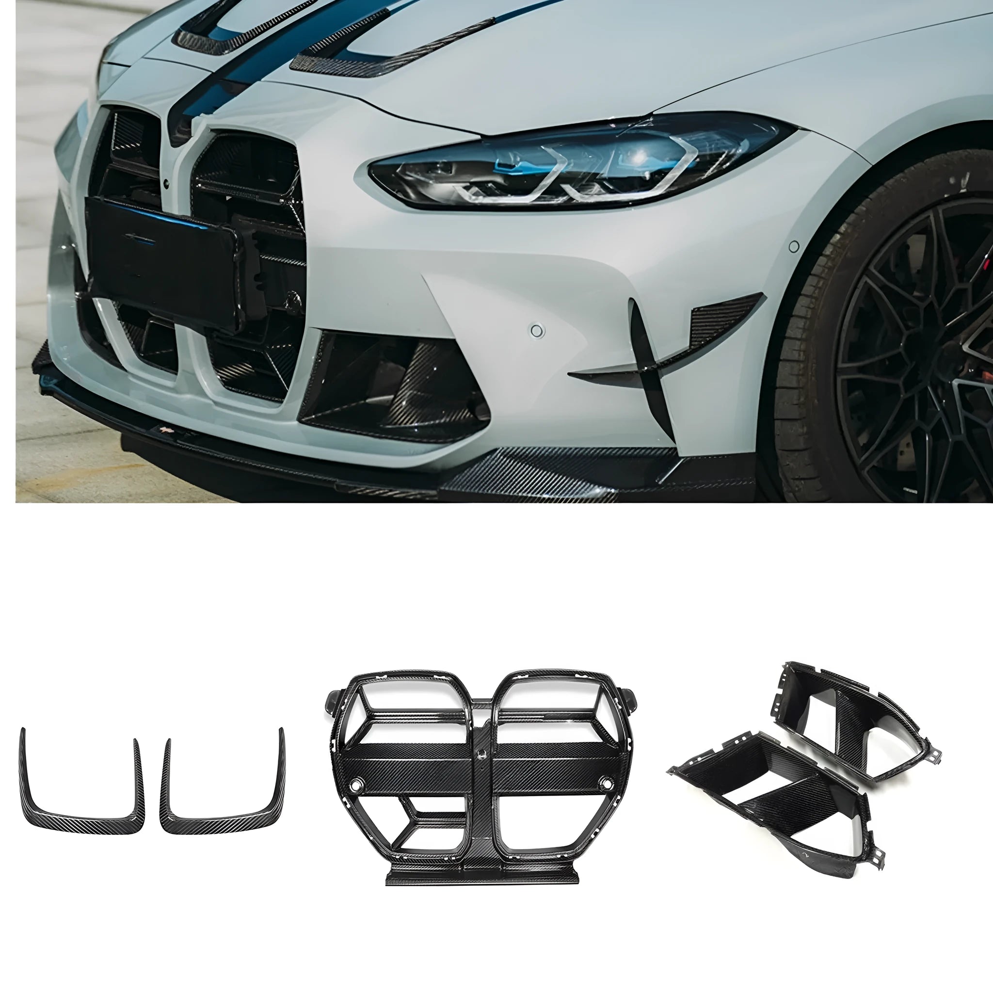 Dry carbon fiber front bumper grille for BMW M3 M4 G80 G82 black 3K weave UV coating