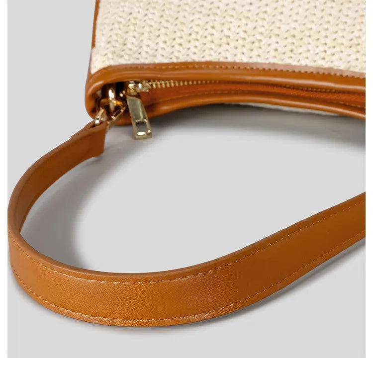 Khaki hand-woven straw crossbody bag with PP grass weave and single shoulder strap