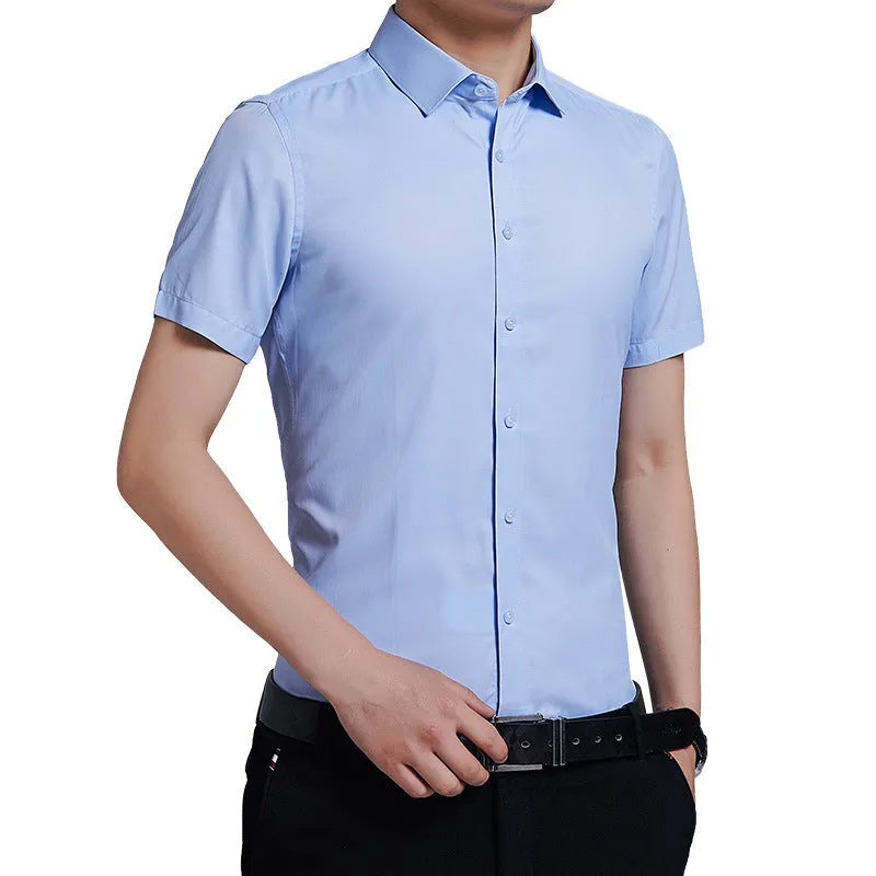 Men's solid colour non-iron short sleeve casual shirt in cotton blend, lapel collar, available in multiple colours