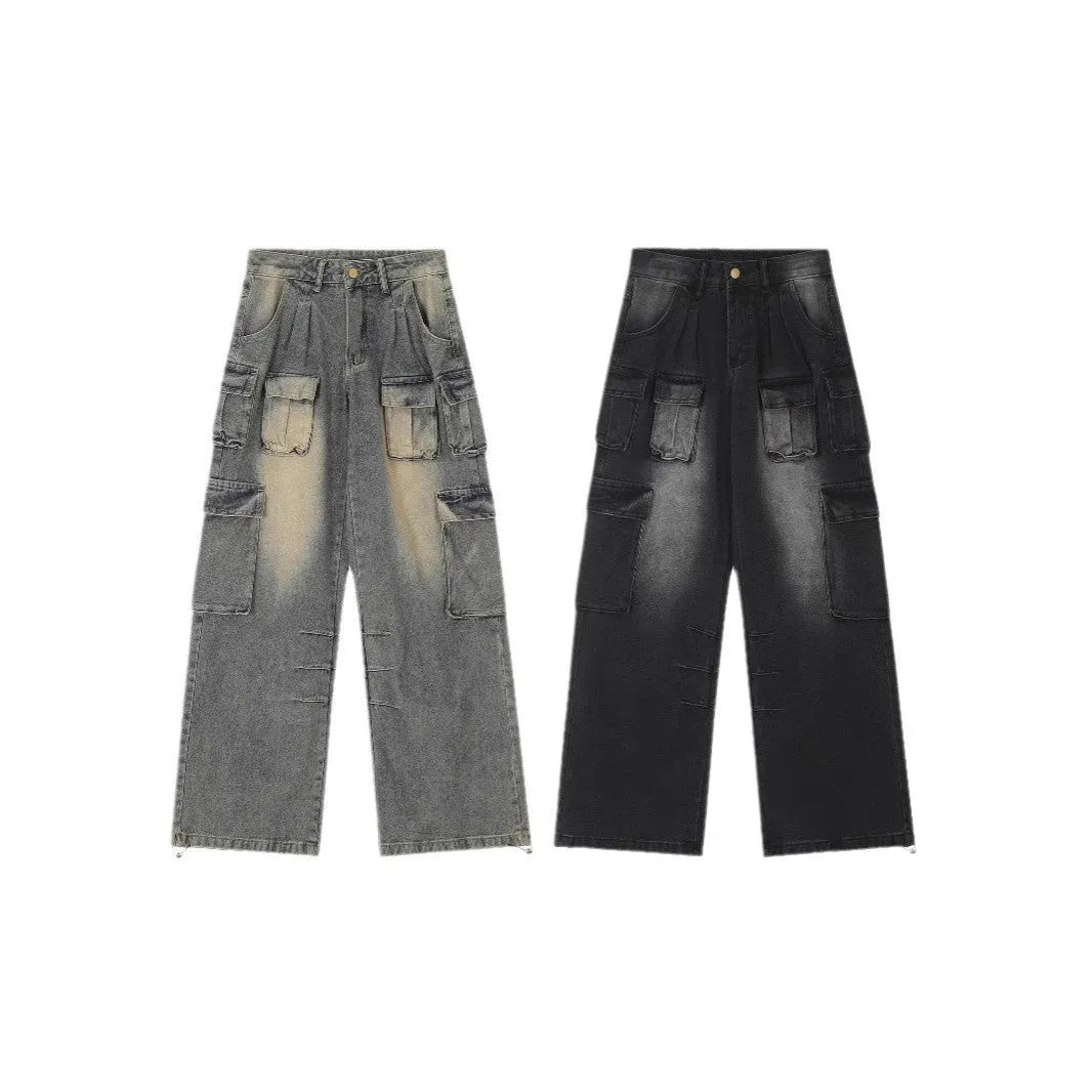 Loose fit multi-pocket distressed denim jeans in light blue wash straight-leg street style