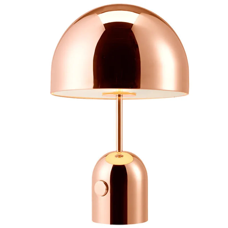 Rose gold bedside table lamp with metal base measuring 280mm wide by 450mm high