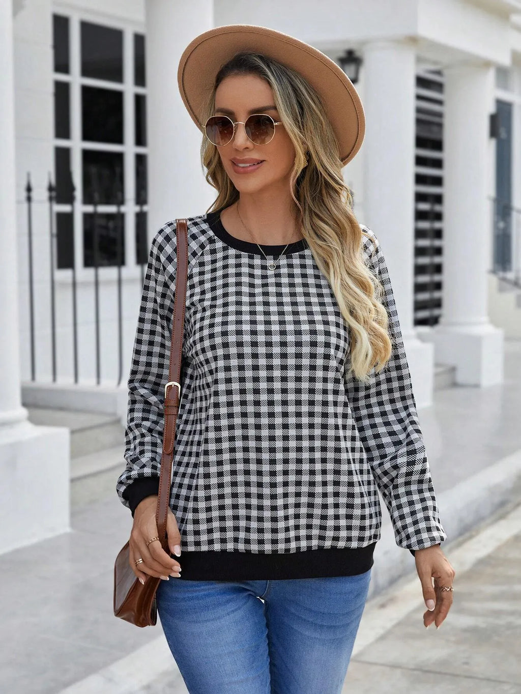 Black Japanese sweet plaid striped pullover sweater with long sleeves