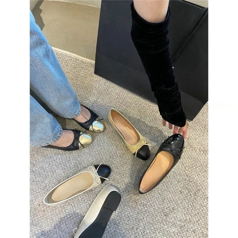 Flat bottom round toe bowknot ballet shoes in apricot with soft rubber sole and low-top upper
