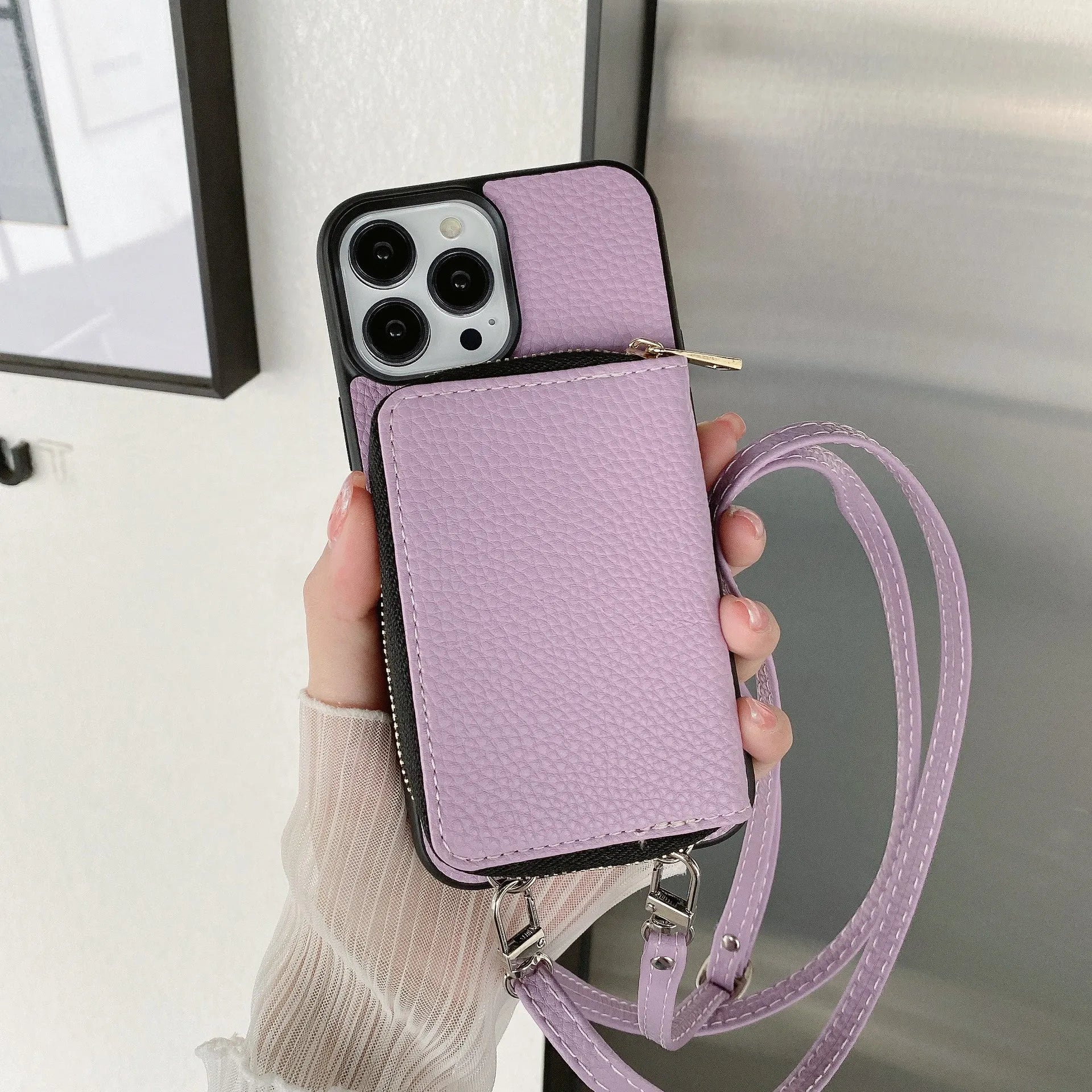 Litchi patterned PC and leather phone protective case for iPhone 12-14 in black with textured back and precise cutouts