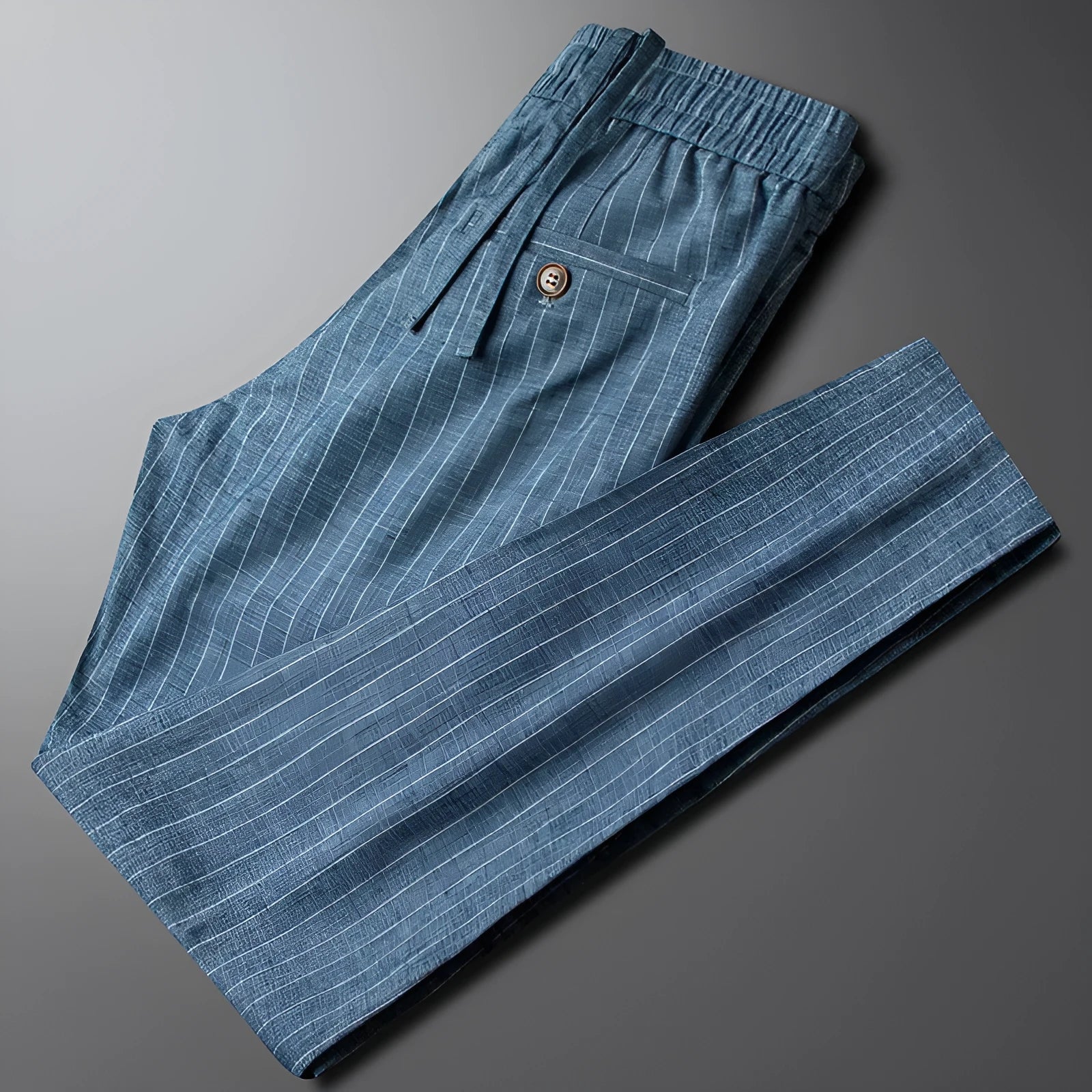 Men's casual linen striped trousers in blue gray with elastic waist and straight leg