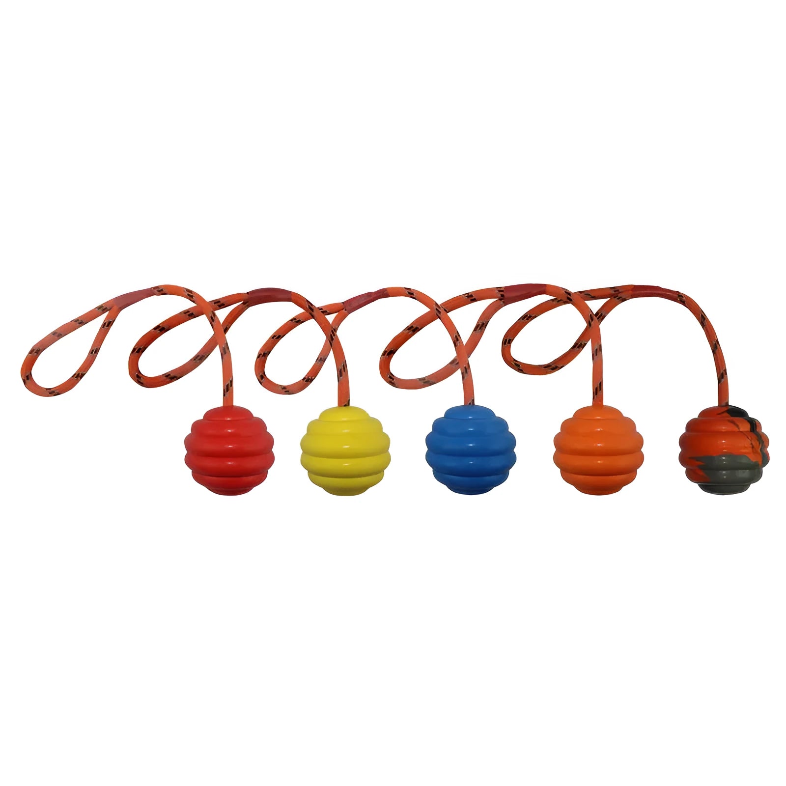 Rubber dog chew ball with rope knot measuring 6x30cm in blue, orange, red and yellow colours