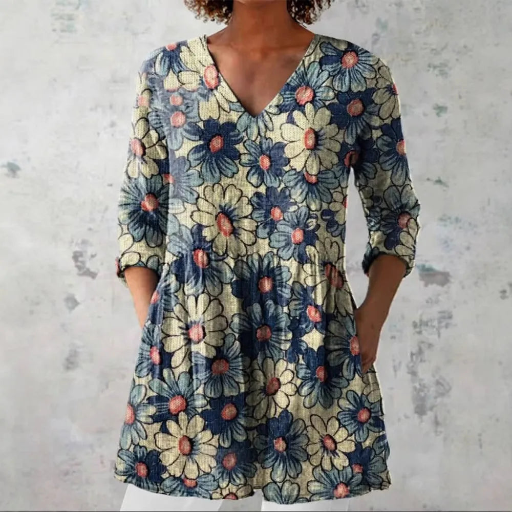 Women's retro slim fit printed long-sleeved polyester top in various colours and sizes