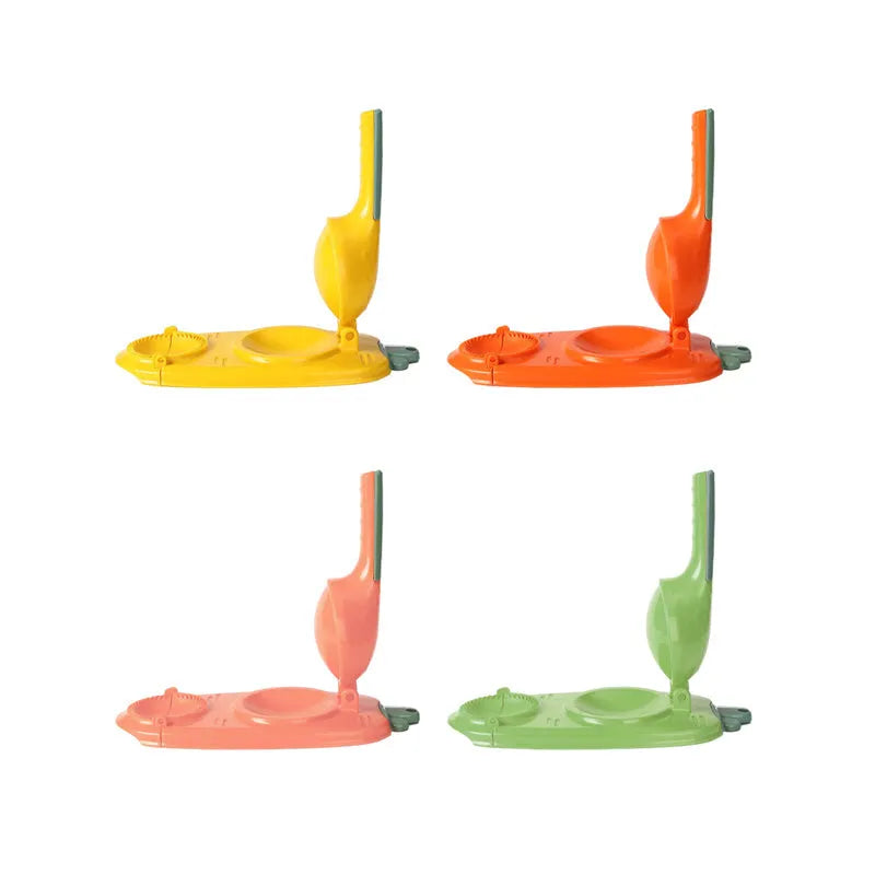 2-in-1 dumpling skin press tool in orange, made of food-grade plastic, with ergonomic handle and hanging hole