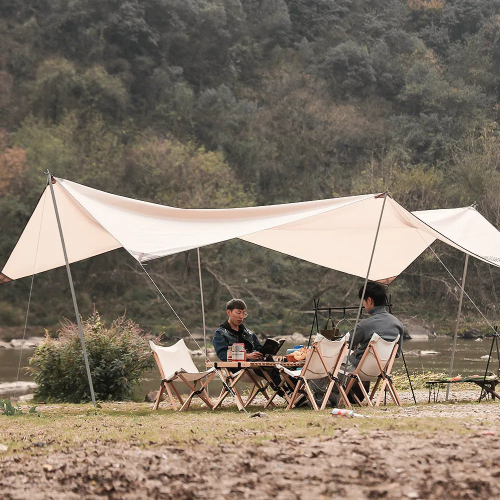 Large foldable aluminium camping drying rack with multiple hooks, set up outdoors.