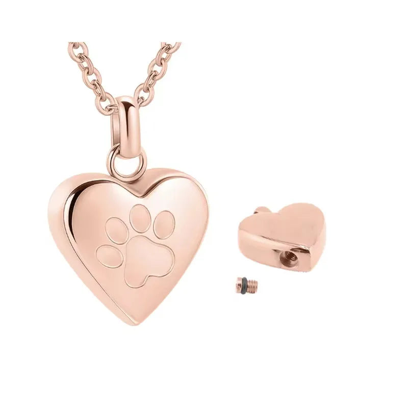 Titanium steel heart pendant necklace with paw print design and opening casket.